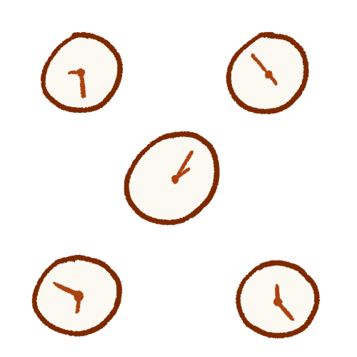 a transparent image of five clocks, pointing to different times.